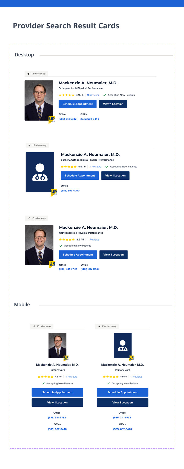 Provider search result card, desktop and mobile: design system documentation