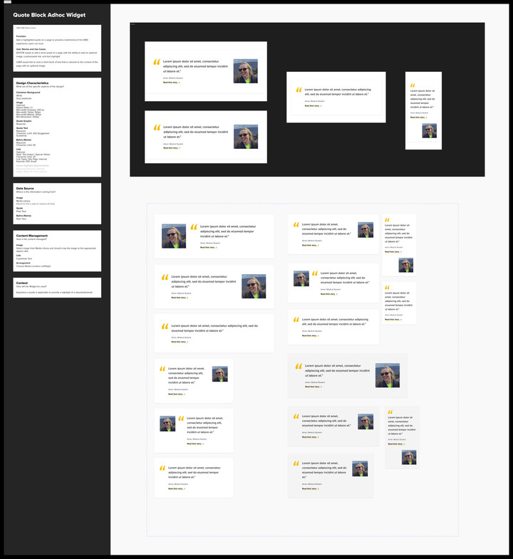 Quote widget, carrying a student's story: design system documentation